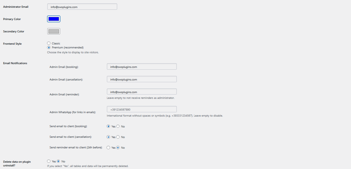 Plugin settings screenshot - Appointment Management PRO SWS